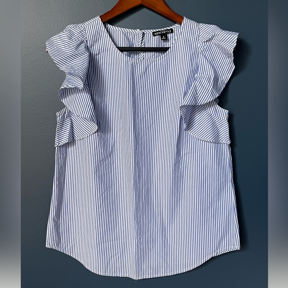 J. Crew Blue and White Striped Ruffle Sleeve Blouse